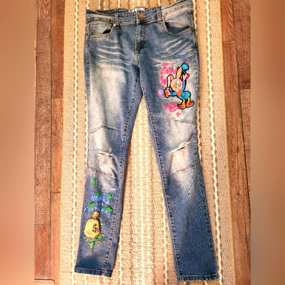 GENUINE AUTHENTIC GARMENTS MENS JEAN EMBROIDERED DIAMOND EYES BUNNY $BAGS 32/32